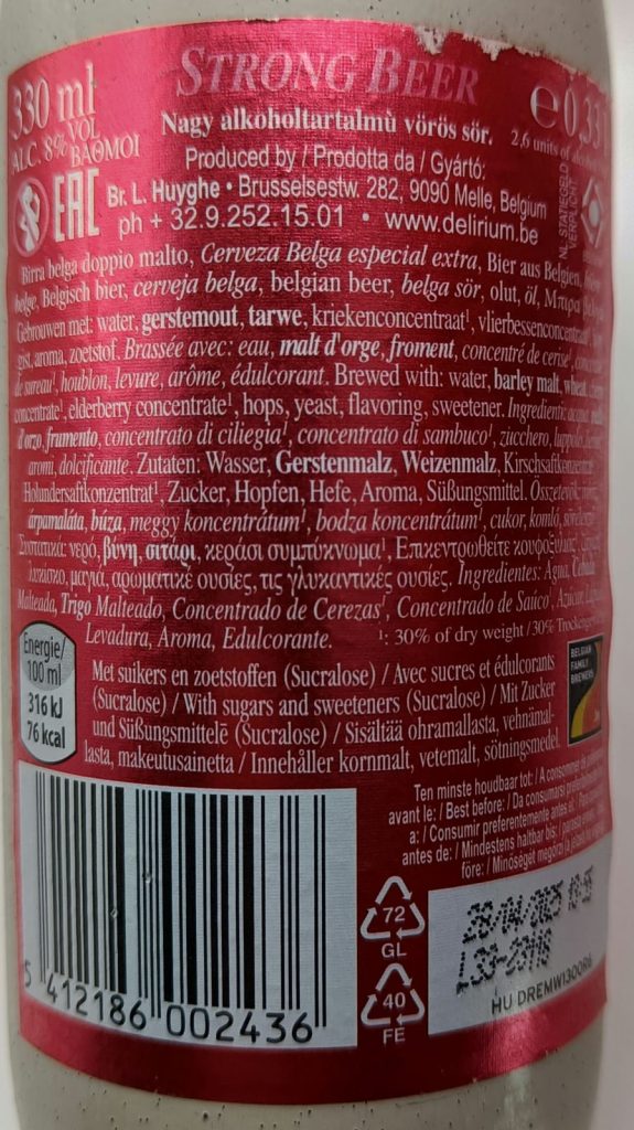 Cerveza Delirium Red de Brouwerij Huyghe