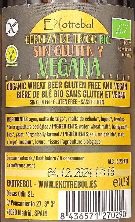 Cerveza de Trigo Bio Sin Gluten y Vegana