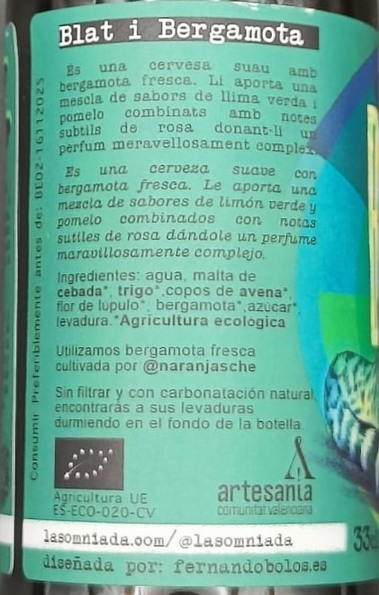Imagen de la etiqueta BERGAMOTA que muestra toda la información legal