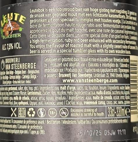 Imagen de la etiqueta Leute Bokbier que muestra toda la información legal