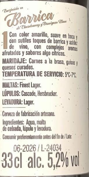 Imagen de la etiqueta Envejecida en Barrica de Chardonnay y Sauvignon Blanc que muestra toda la información legal