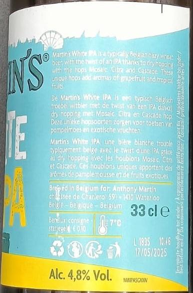 Imagen de la etiqueta Martin’s White IPA que muestra toda la información legal