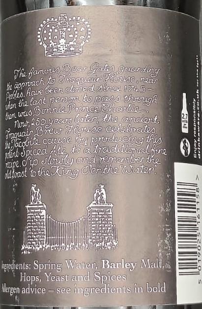 Imagen de la etiqueta Traquair Jacobite Ale que muestra toda la información legal