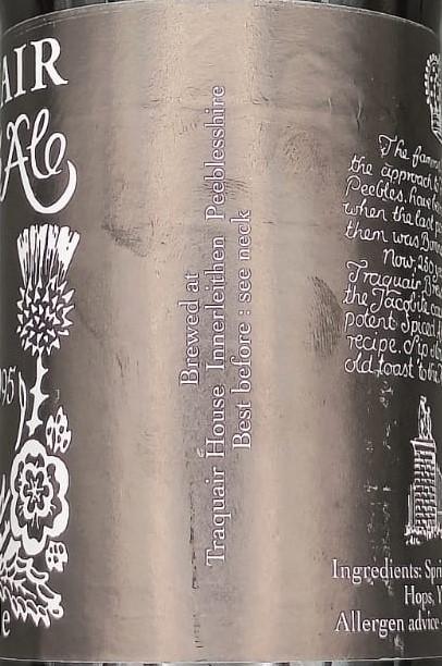 Imagen de la etiqueta Traquair Jacobite Ale que muestra toda la información legal