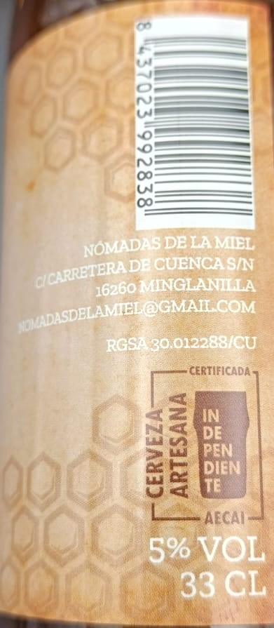 Imagen de la etiqueta Valeria Honey Lager que muestra toda la información legal