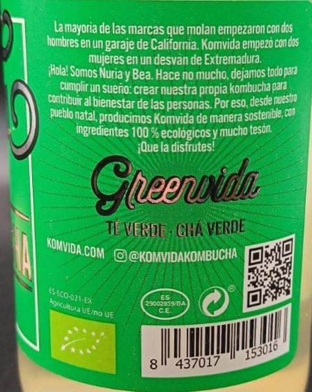 Imagen de la etiqueta Greenvida que muestra toda la información legal