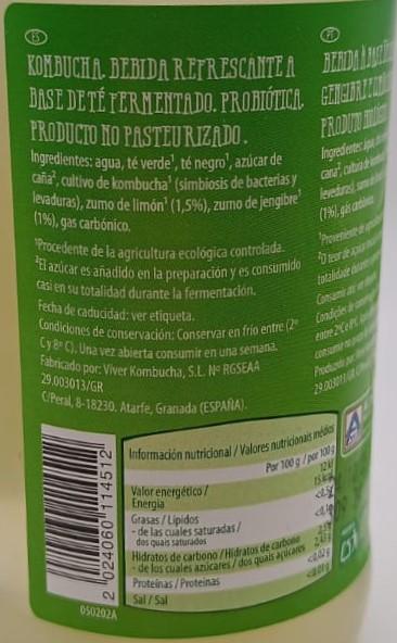 Imagen de la etiqueta Jengibre y Limón que muestra toda la información legal