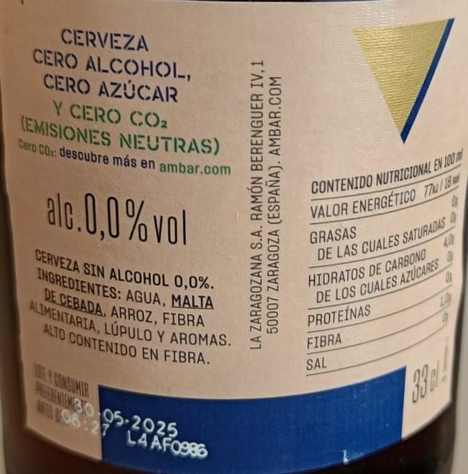 Imagen de la etiqueta Triple Zero Tostada que muestra toda la información legal