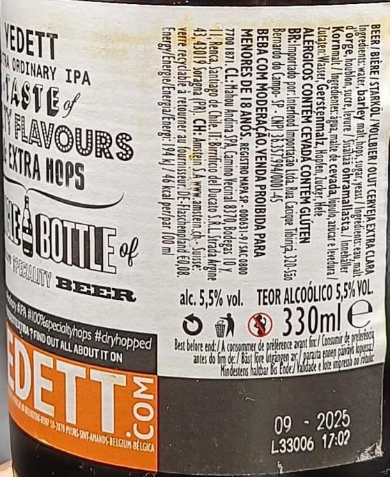 Imagen de la etiqueta Extra Ordinary IPA que muestra toda la información legal