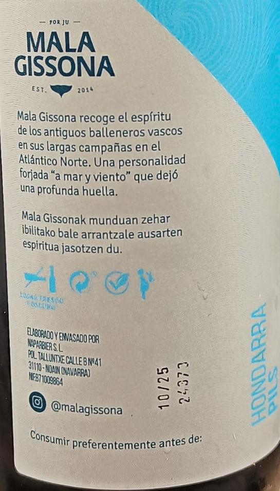 Imagen de la etiqueta Hondarra que muestra toda la información legal