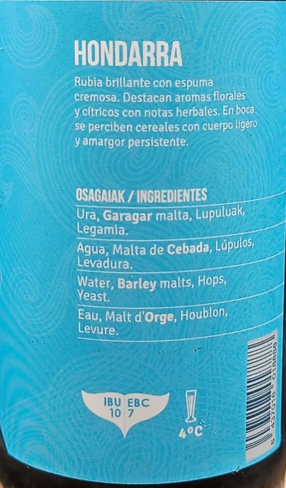 Imagen de la etiqueta Hondarra que muestra toda la información legal